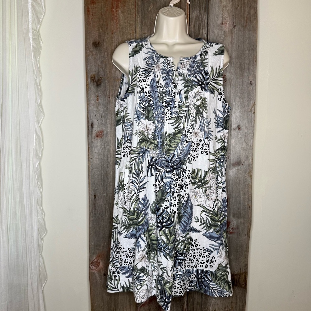 Mon Renn Anthropologie Linen Pleated Tropical Print Shift Dress XS